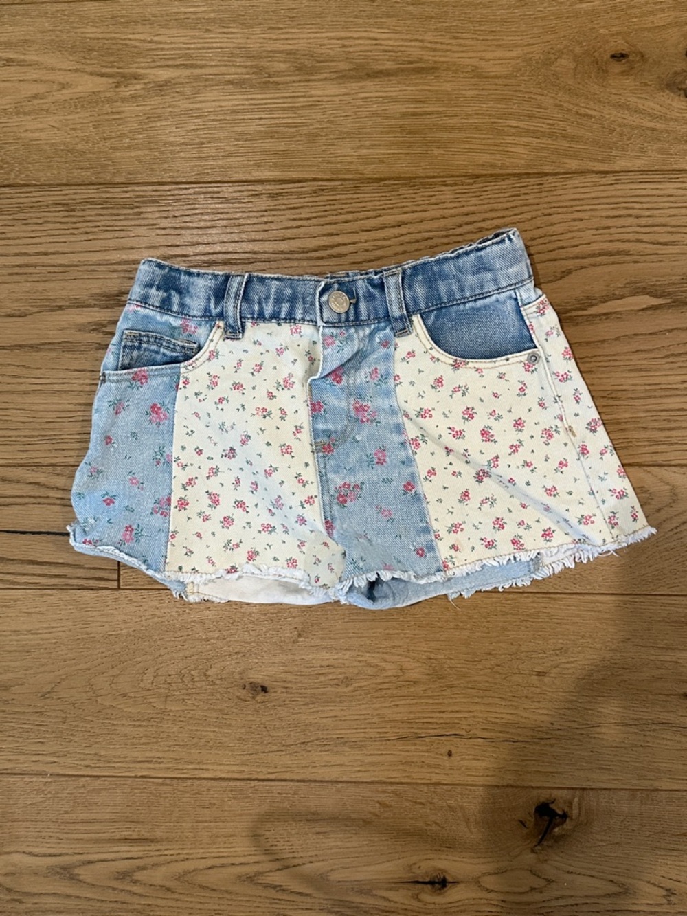 Zara Patchwork Floral Denim Shorts in Blue and Cream